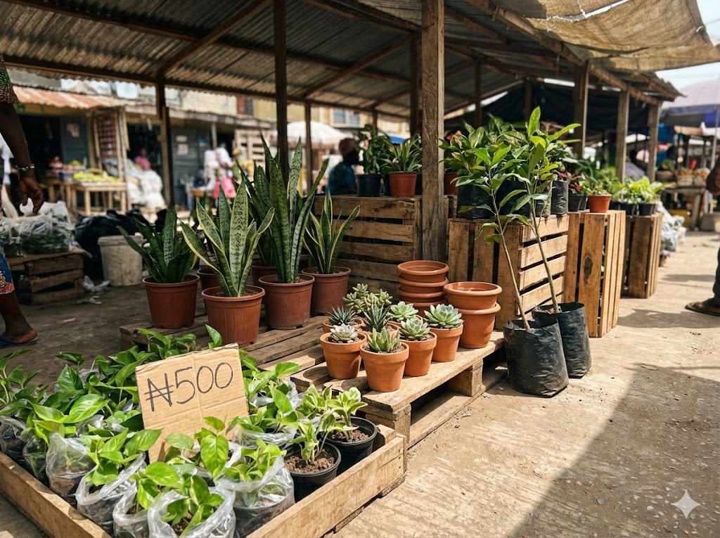 Affordable houseplants displayed at Tejuosho Market Lagos showing budget-friendly options including Pothos cuttings, Snake Plants, and succulents in basic clay pots with visible price tags