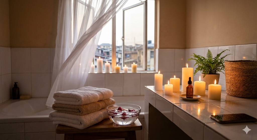 Candlelit bathroom spa setup with candles, towels, essential oils and natural lighting creating peaceful ambiance