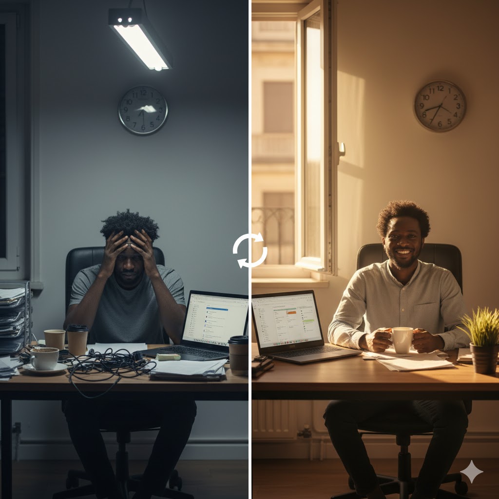 Split-screen comparison showing stressed Nigerian professional versus calm refreshed person after reset day, illustrating mental health transformation