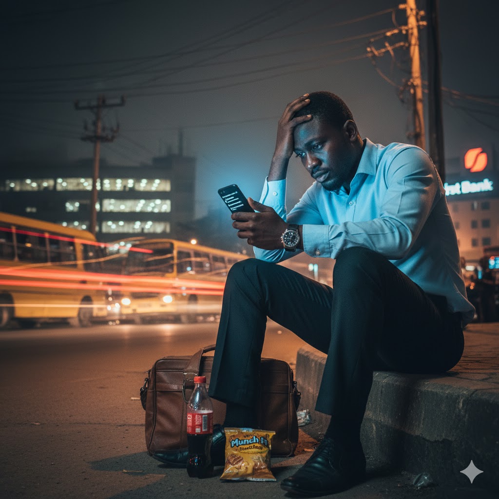 Young Nigerian businessman in business attire sitting exhausted on a Lagos street curb at night, illuminated by phone screen showing multiple work WhatsApp messages, heavy traffic and city lights blurred in background