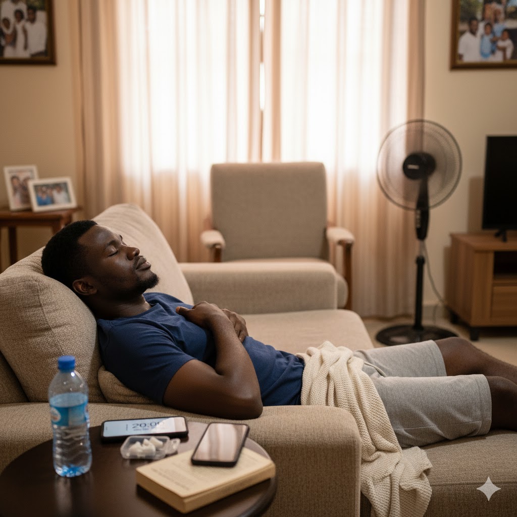 nigerian-worker-practicing-self-care-recovery-power-nap-stress-relief-home