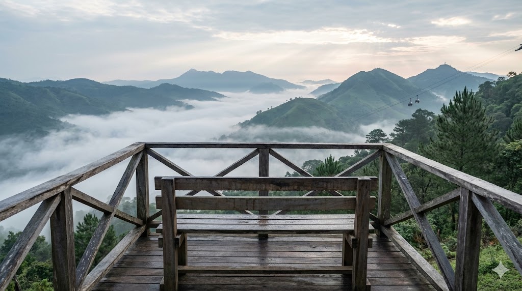 Panoramic view of misty green mountains and valleys from Obudu Mountain Resort in Cross River State Nigeria with wooden viewing deck and cable car visible in the distance