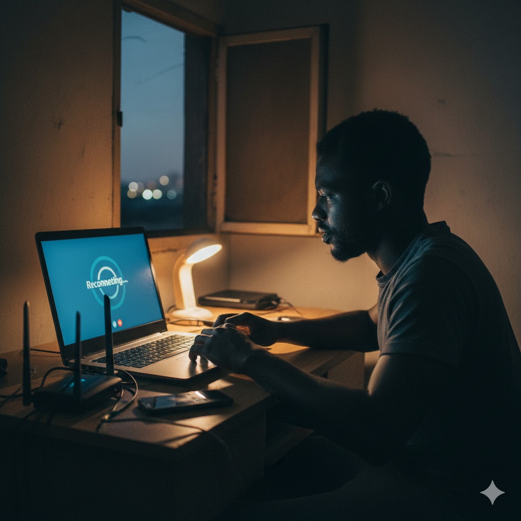 Frustrated Nigerian freelancer experiencing video call lag and buffering on laptop screen in dimly lit room during power outage