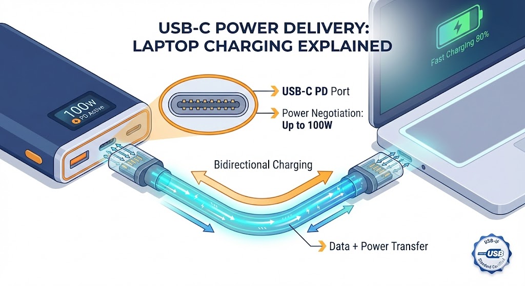 Technical diagram showing USB-C PD port connecting power bank to laptop with labeled power delivery specifications